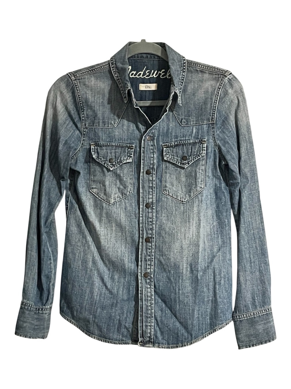 Madewell women’s denim shirt snap front pockets western country boho Sz XS